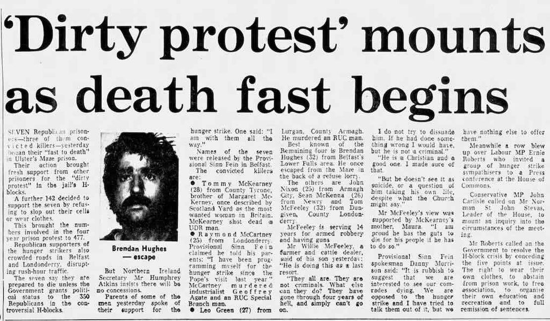 Prisoners in Armagh and Long Kesh end their 53 day hunger strike on promises of political status. The promises are not kept