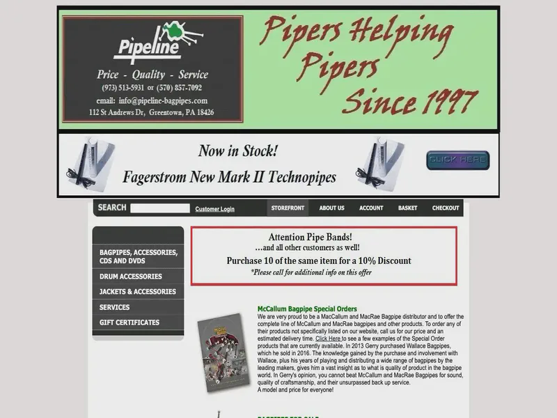 Website preview for www.pipelinebagpipes.com